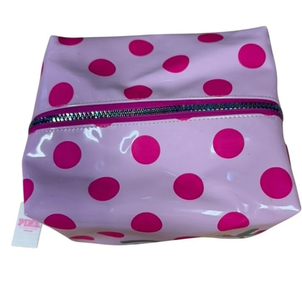 Victoria's Secret PINK Polka Dot Makeup Bag Pink Holographic Logo NWT
